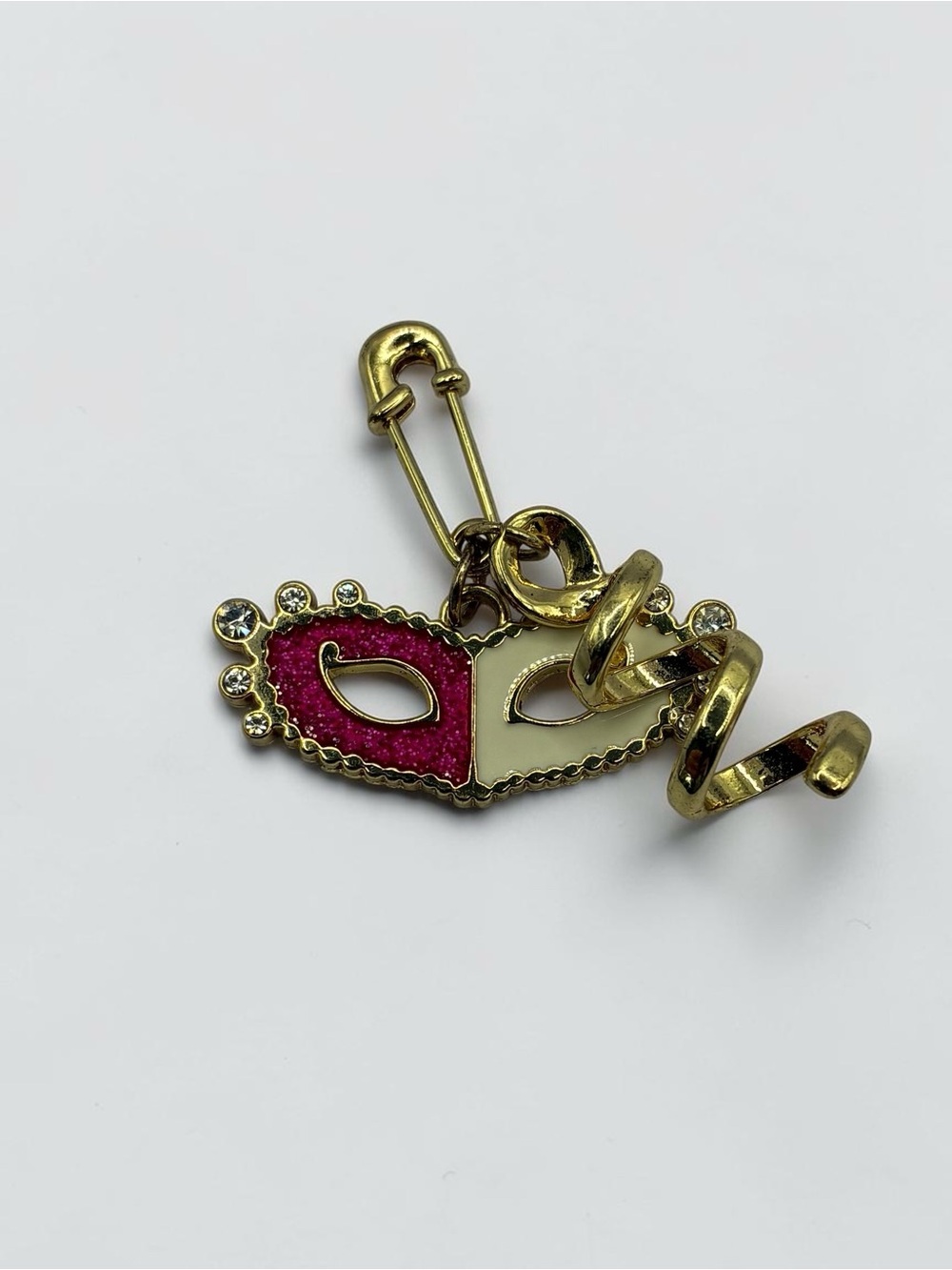 Pink & Ivory Masquerade Mask Pin with Rhinestones & Gold-Tone Ribbon